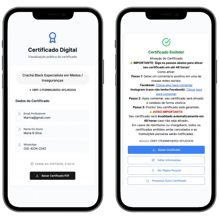 Sistema de certificados digitais da Therapist University com QR Code e código de verificação
