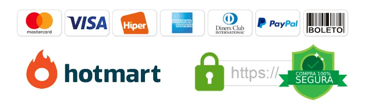 100% secure payment via Hotmart - Mastercard, Visa, American Express, Diners, PayPal and more